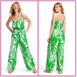 LILLY PULITZER Palm Boom Boom Jumpsuit green white palm leaf high waist small